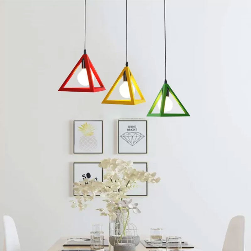 Retro Industrial Hanging Lamp with 3 Triangle Metallic Heads and Wire Guard in Black/White