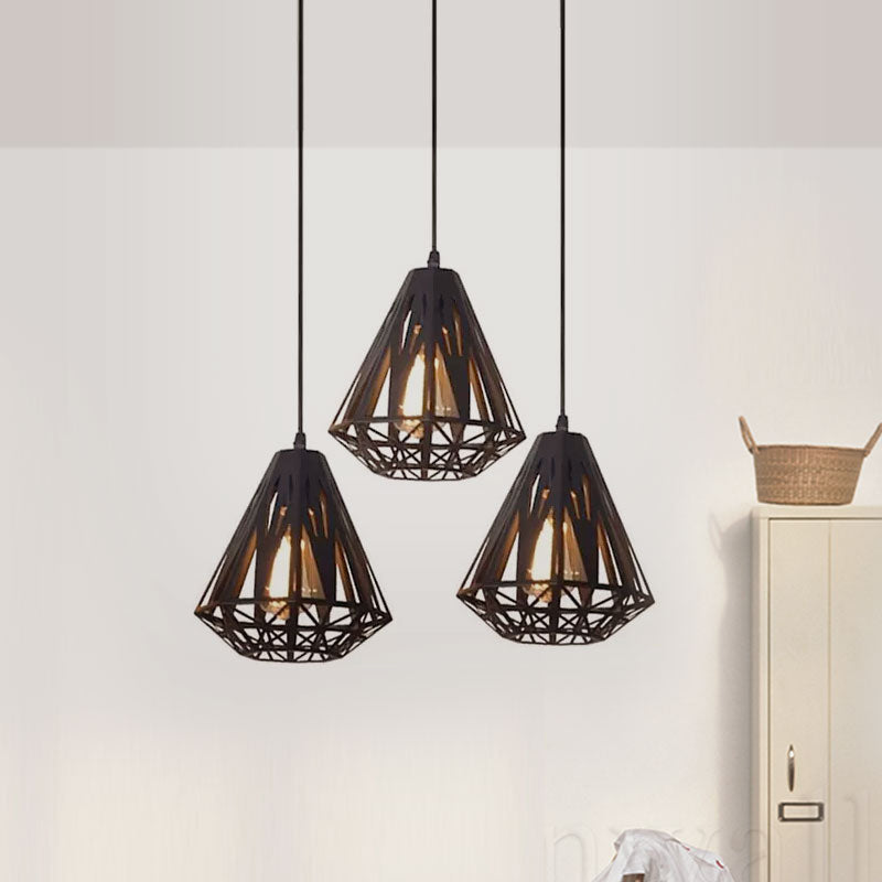 Stylish Wire Cage Suspension Light with Diamond Shade - Loft 3-Head Metal Ceiling Fixture (Black/White)
