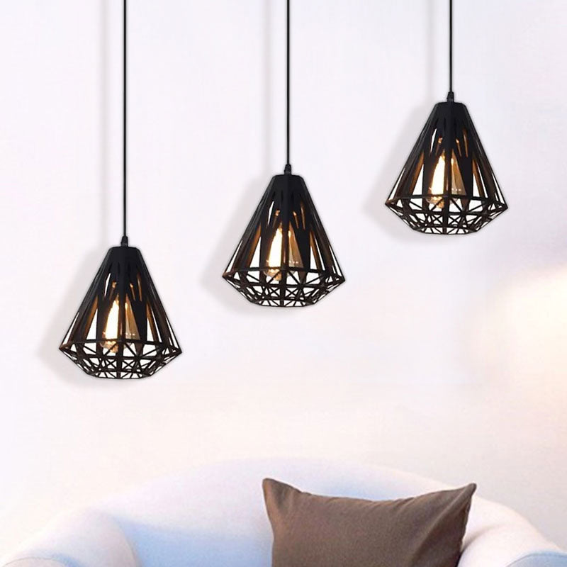 Stylish Wire Cage Suspension Light with Diamond Shade - Loft 3-Head Metal Ceiling Fixture (Black/White)