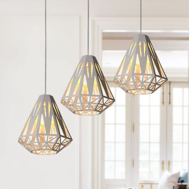 Stylish Wire Cage Suspension Light with Diamond Shade - Loft 3-Head Metal Ceiling Fixture (Black/White)