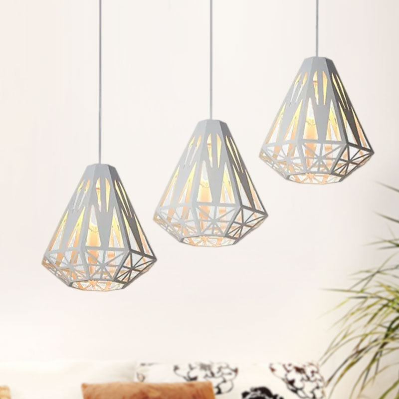 Stylish Wire Cage Suspension Light with Diamond Shade - Loft 3-Head Metal Ceiling Fixture (Black/White)