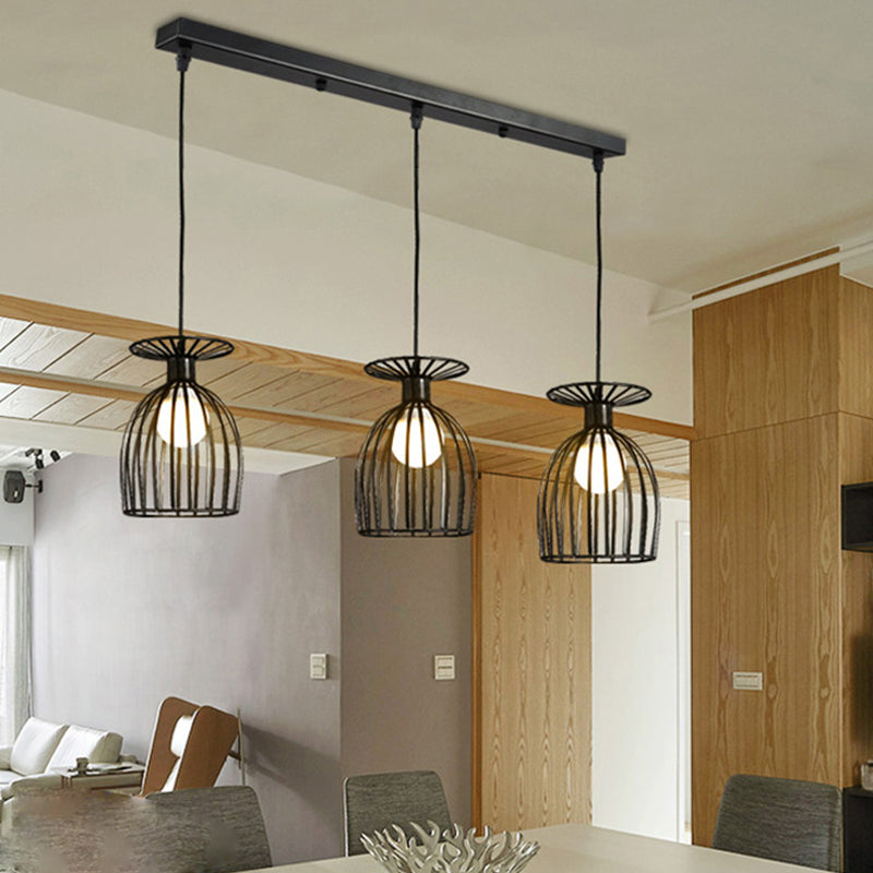 Suspension Cage Shade - Plafonnier industriel en verre à vin et métal pour salle à manger (noir/blanc, 3 lumières)