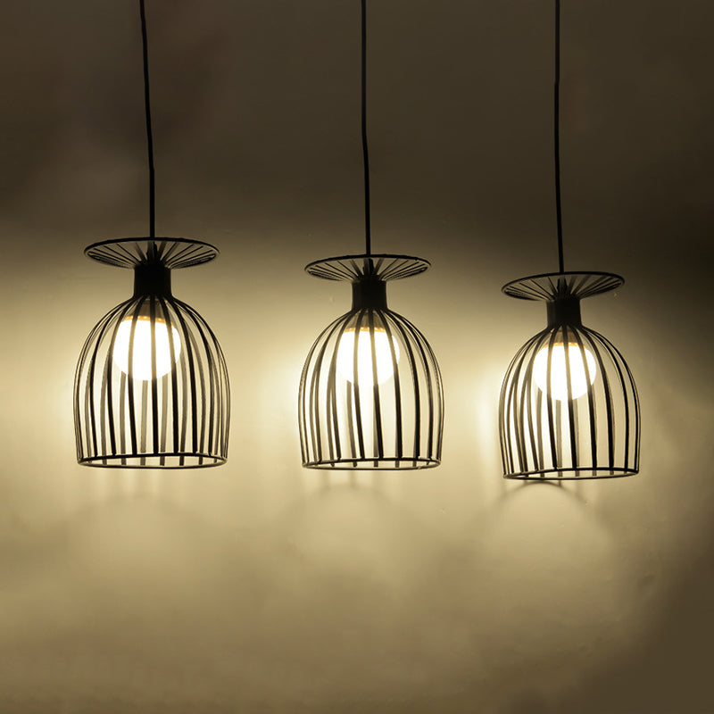 Suspension Cage Shade - Plafonnier industriel en verre à vin et métal pour salle à manger (noir/blanc, 3 lumières)