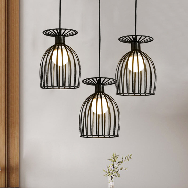 Suspension Cage Shade - Plafonnier industriel en verre à vin et métal pour salle à manger (noir/blanc, 3 lumières)