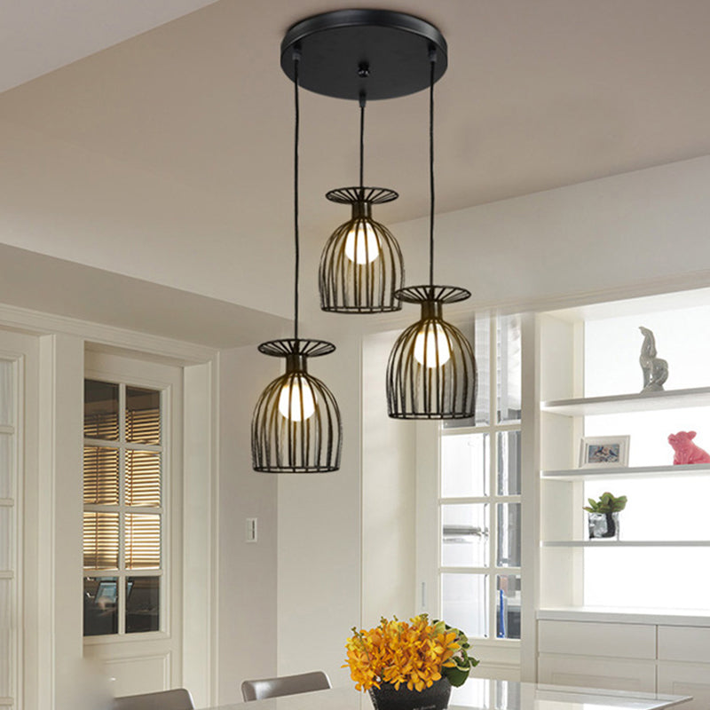 Suspension Cage Shade - Plafonnier industriel en verre à vin et métal pour salle à manger (noir/blanc, 3 lumières)