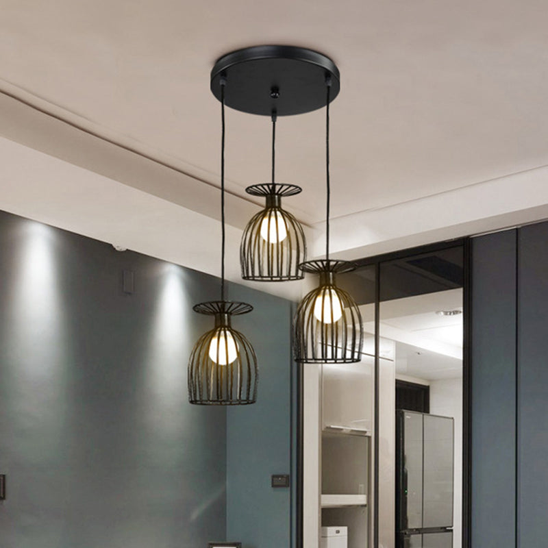 Suspension Cage Shade - Plafonnier industriel en verre à vin et métal pour salle à manger (noir/blanc, 3 lumières)