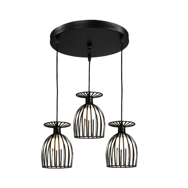 Suspension Cage Shade - Plafonnier industriel en verre à vin et métal pour salle à manger (noir/blanc, 3 lumières)