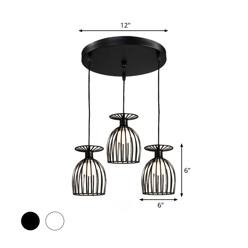Suspension Cage Shade - Plafonnier industriel en verre à vin et métal pour salle à manger (noir/blanc, 3 lumières)