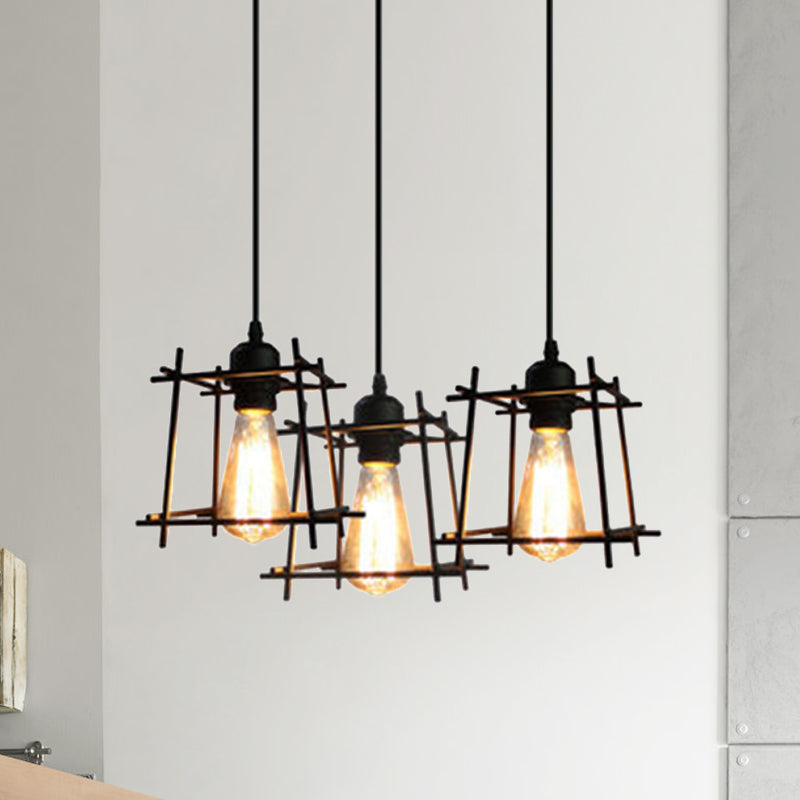 Farmhouse 3-Light Square Cage Hanging Pendant In Black/White For Dining Room Black / Round