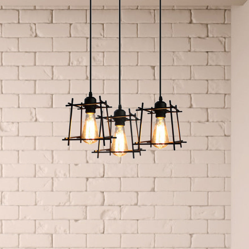 Farmhouse Square Cage Hanging Light - 3-Light Metal Pendant in Black/White for Dining Room