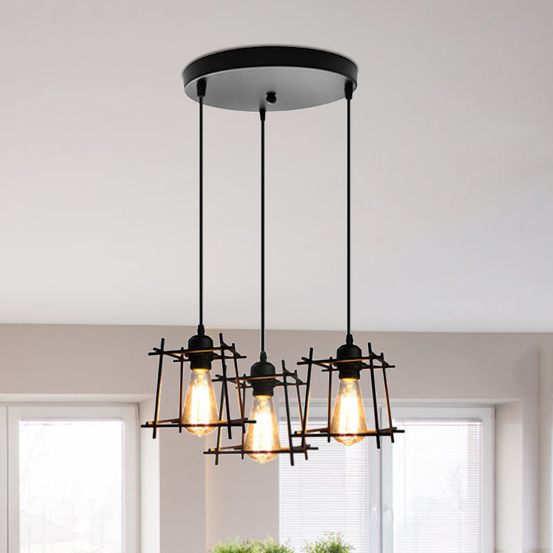 Farmhouse Square Cage Hanging Light - 3-Light Metal Pendant in Black/White for Dining Room