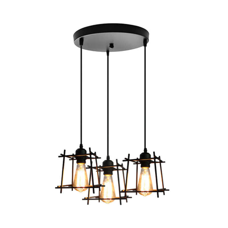 Farmhouse Square Cage Hanging Light - 3-Light Metal Pendant in Black/White for Dining Room