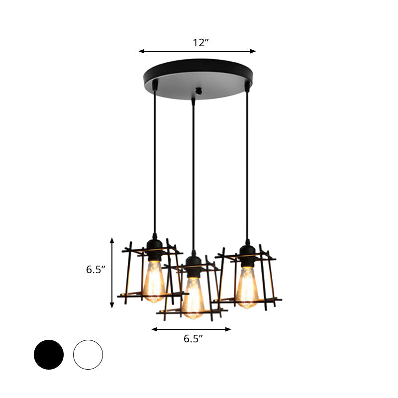 Farmhouse 3-Light Square Cage Hanging Pendant In Black/White For Dining Room