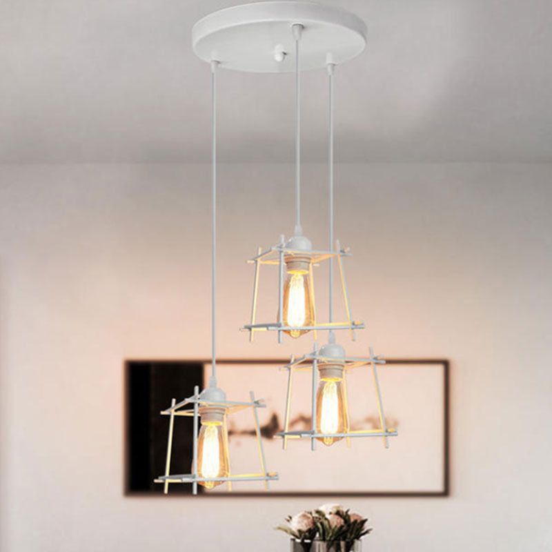 Farmhouse Square Cage Hanging Light - 3-Light Metal Pendant in Black/White for Dining Room