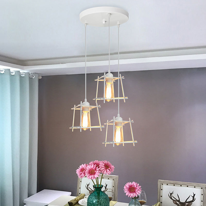 Farmhouse Square Cage Hanging Light - 3-Light Metal Pendant in Black/White for Dining Room