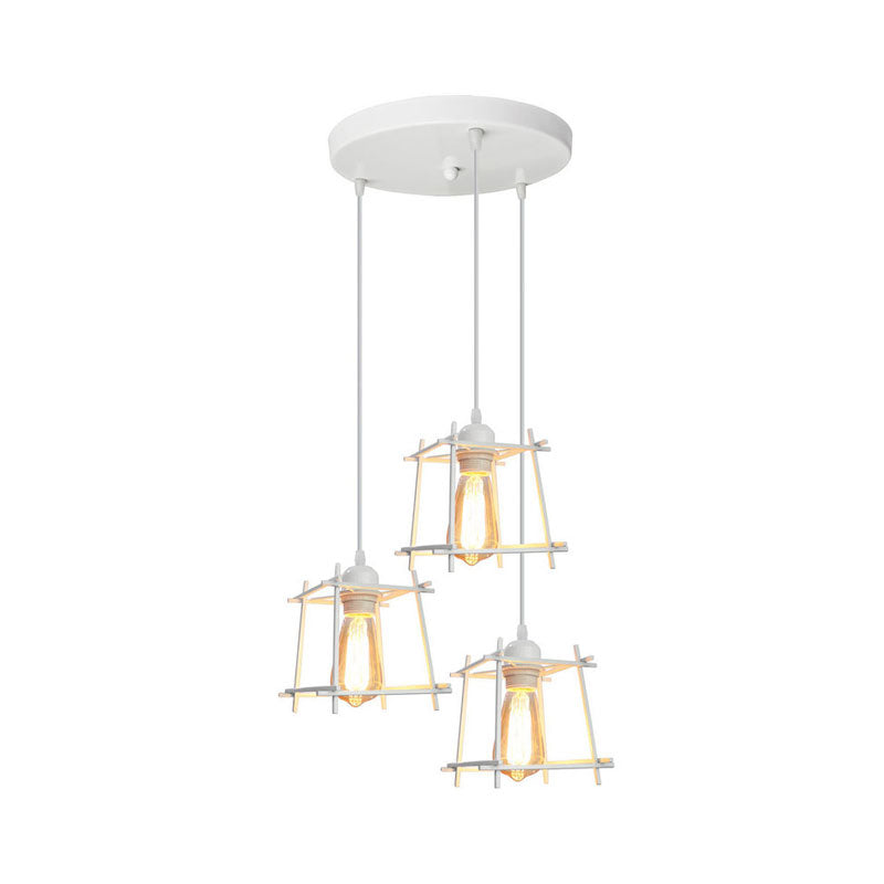 Farmhouse Square Cage Hanging Light - 3-Light Metal Pendant in Black/White for Dining Room