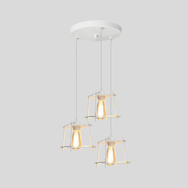 Farmhouse Square Cage Hanging Light - 3-Light Metal Pendant in Black/White for Dining Room