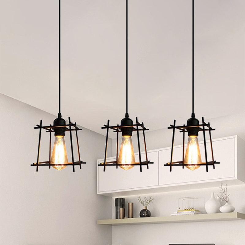 Farmhouse 3-Light Square Cage Hanging Pendant In Black/White For Dining Room Black / Linear