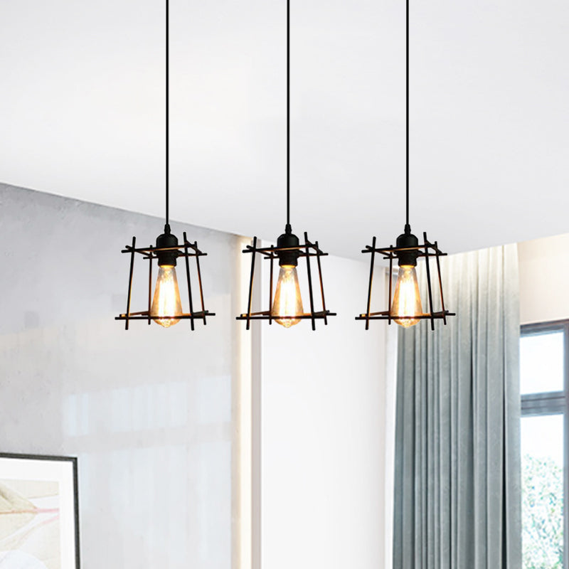 Farmhouse Square Cage Hanging Light - 3-Light Metal Pendant in Black/White for Dining Room