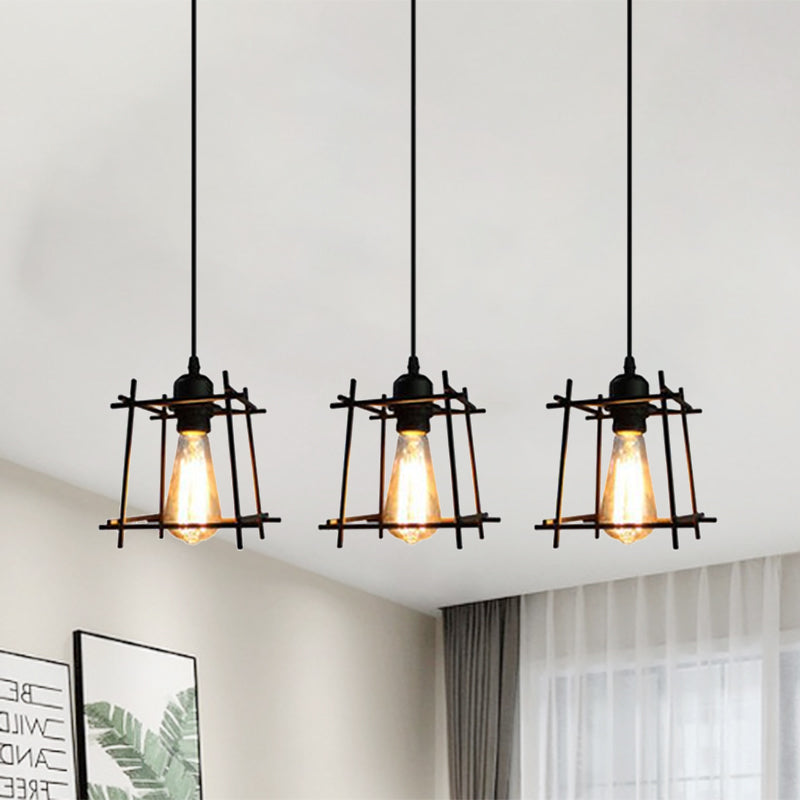 Farmhouse Square Cage Hanging Light - 3-Light Metal Pendant in Black/White for Dining Room
