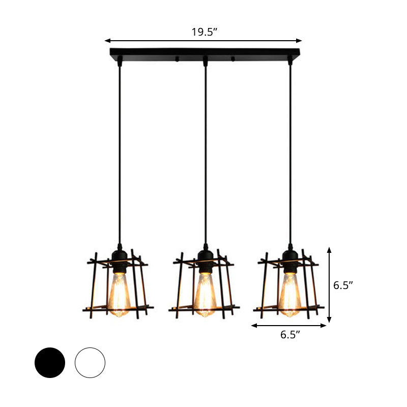 Farmhouse Square Cage Hanging Light - 3-Light Metal Pendant in Black/White for Dining Room