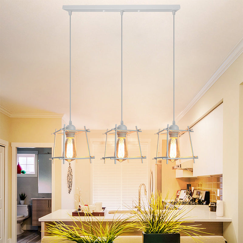 Farmhouse Square Cage Hanging Light - 3-Light Metal Pendant in Black/White for Dining Room