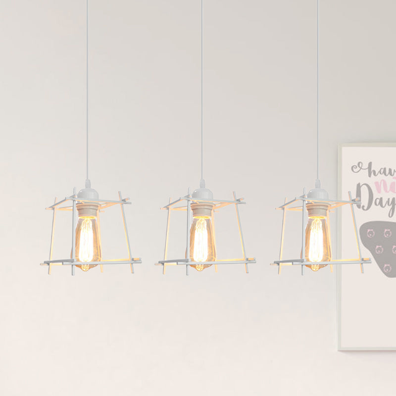 Farmhouse Square Cage Hanging Light - 3-Light Metal Pendant in Black/White for Dining Room