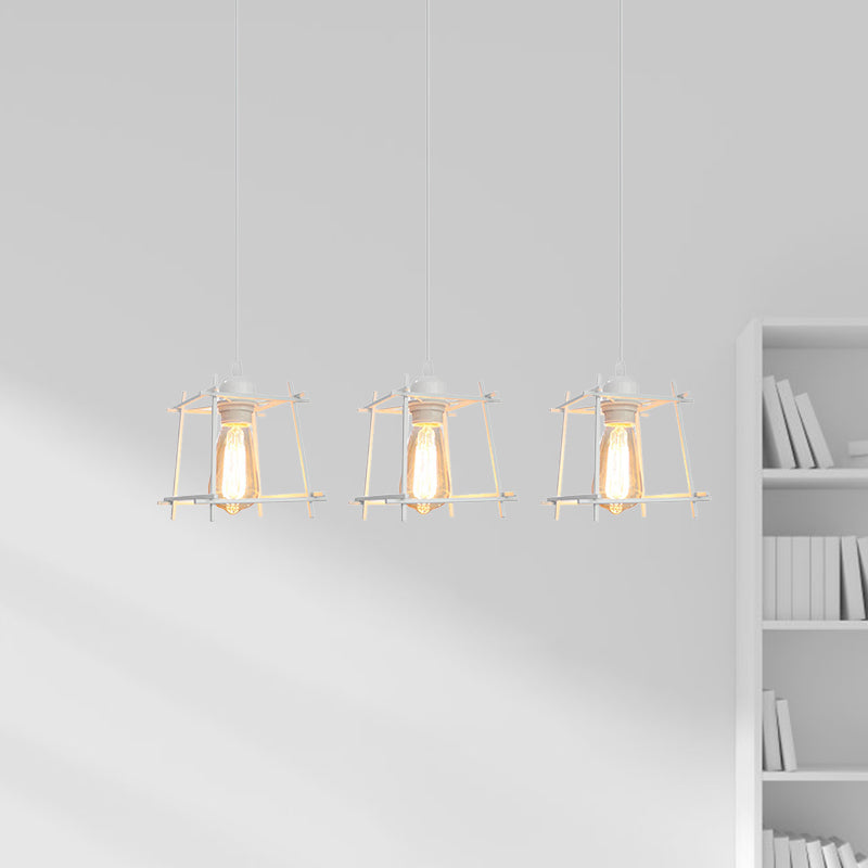 Farmhouse 3-Light Square Cage Hanging Pendant In Black/White For Dining Room