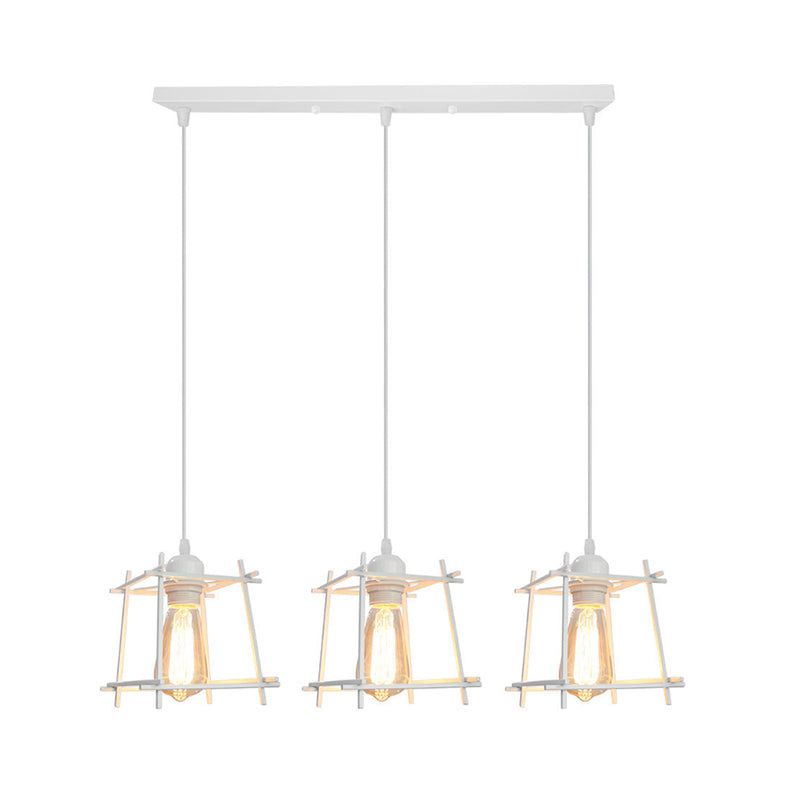 Farmhouse Square Cage Hanging Light - 3-Light Metal Pendant in Black/White for Dining Room