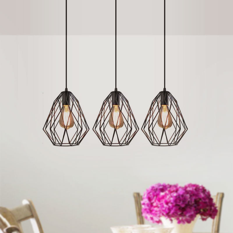 Vintage Faceted Cage Ceiling Fixture 3 Bulbs Pendant Lighting Black Metal For Dining Table