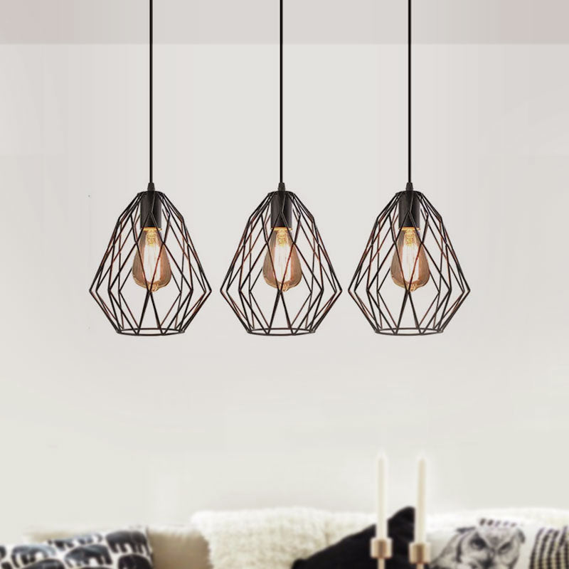 Vintage Faceted Cage Ceiling Fixture 3 Bulbs Pendant Lighting Black Metal For Dining Table