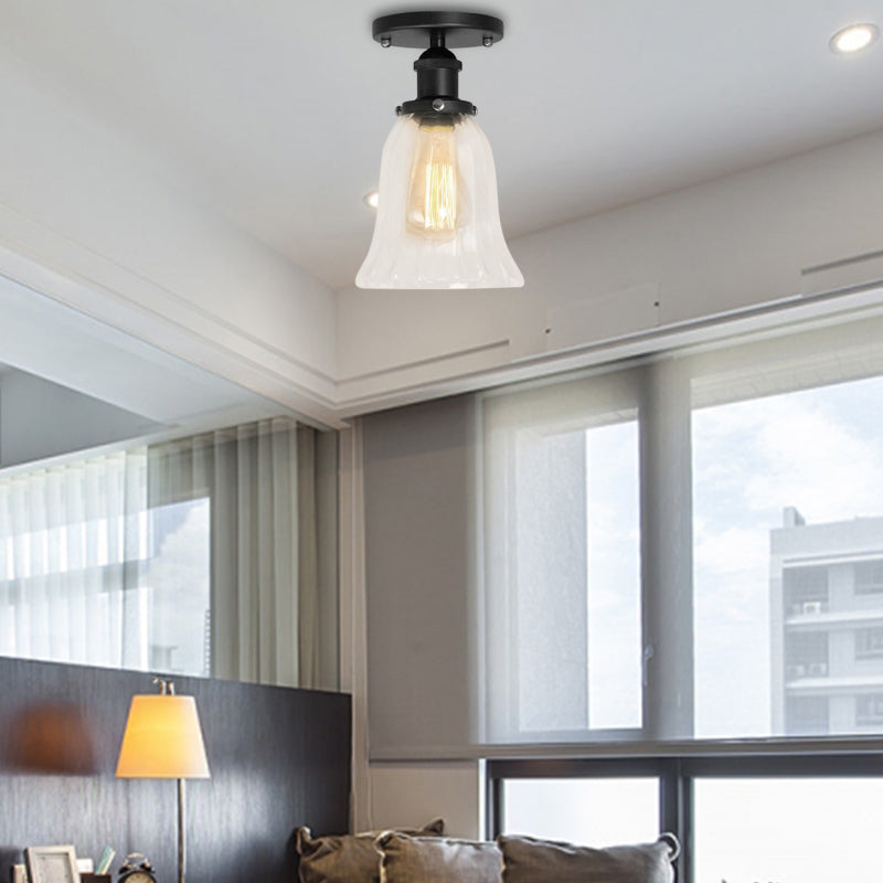Industrial Flared Glass Semi Flush Mount Light with Clear Bulb in Black/Bronze/Copper
