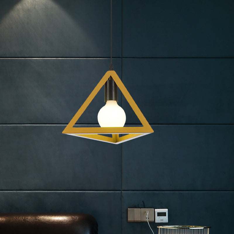 Retro Stylish Metal Hanging Lamp With Colorful Triangle Cage Shade Pendant Lighting For Living Room