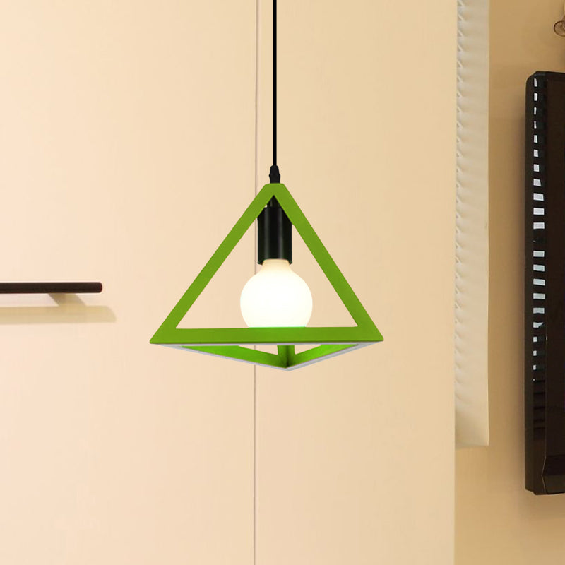 Retro Stylish Metal Hanging Lamp with Triangle Cage Shade - Red/Blue Pendant Lighting Fixture for Living Room