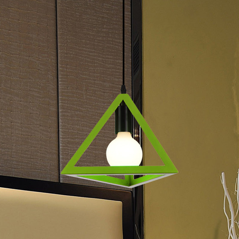 Retro Stylish Metal Hanging Lamp with Triangle Cage Shade - Red/Blue Pendant Lighting Fixture for Living Room