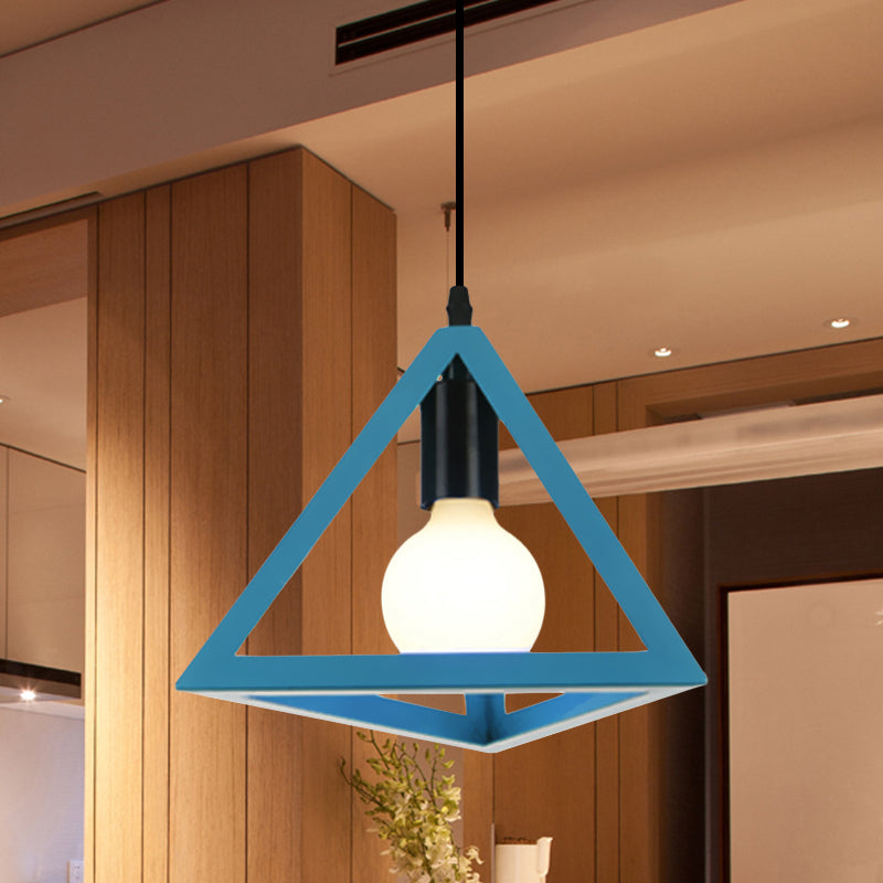 Retro Stylish Metal Hanging Lamp With Colorful Triangle Cage Shade Pendant Lighting For Living Room