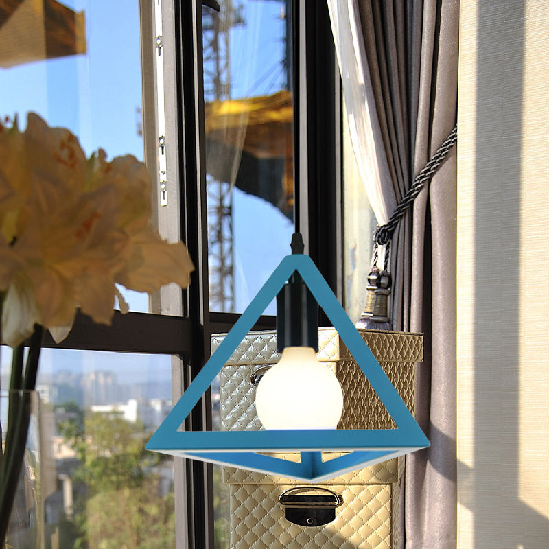Retro Stylish Metal Hanging Lamp with Triangle Cage Shade - Red/Blue Pendant Lighting Fixture for Living Room