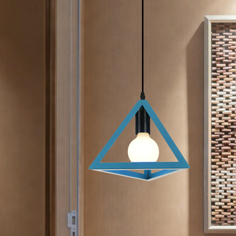 Retro Stylish Metal Hanging Lamp with Triangle Cage Shade - Red/Blue Pendant Lighting Fixture for Living Room