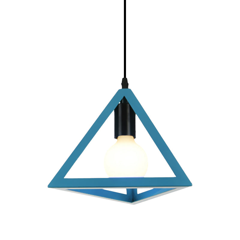 Retro Stylish Metal Hanging Lamp with Triangle Cage Shade - Red/Blue Pendant Lighting Fixture for Living Room
