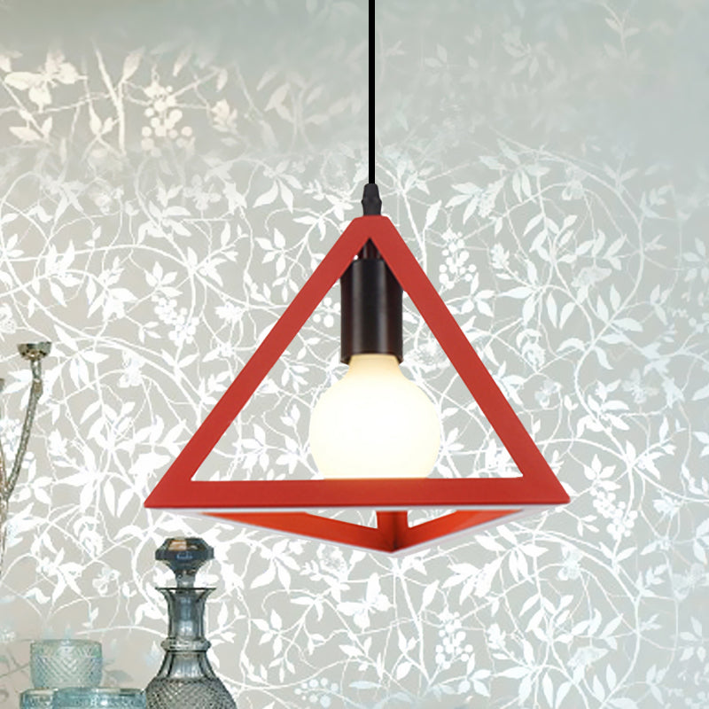 Retro Stylish Metal Hanging Lamp with Triangle Cage Shade - Red/Blue Pendant Lighting Fixture for Living Room