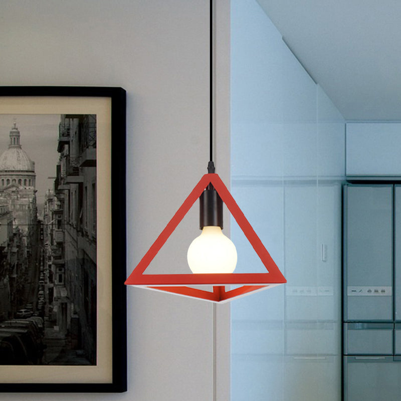 Retro Stylish Metal Hanging Lamp with Triangle Cage Shade - Red/Blue Pendant Lighting Fixture for Living Room