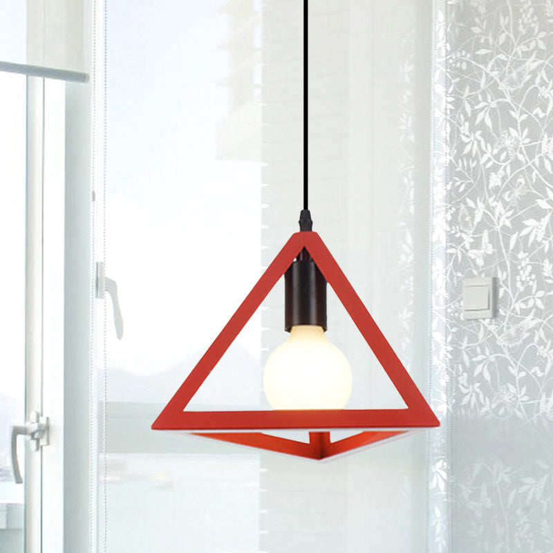 Retro Stylish Metal Hanging Lamp with Triangle Cage Shade - Red/Blue Pendant Lighting Fixture for Living Room