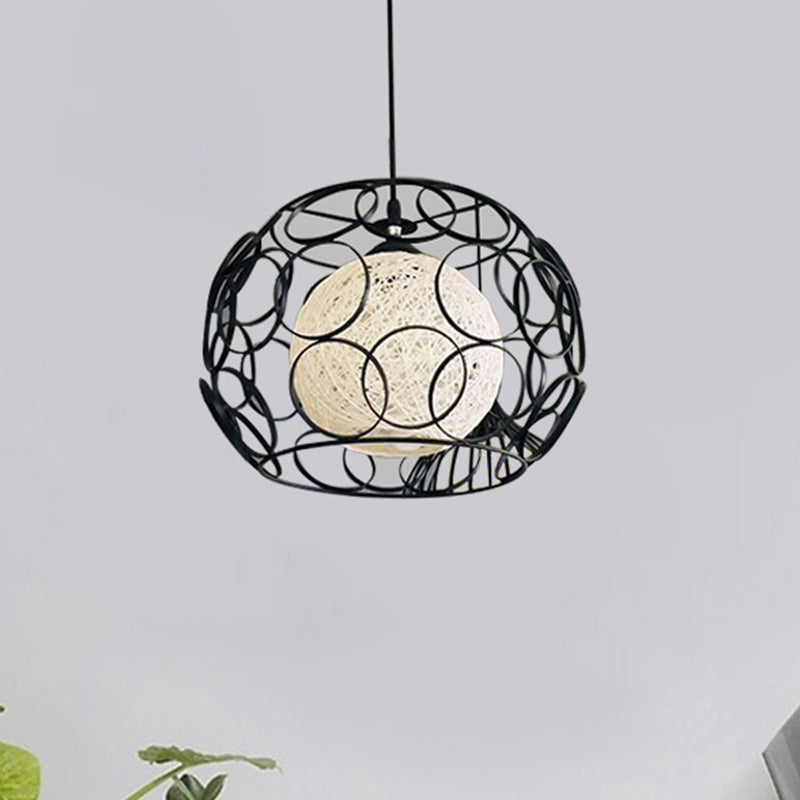 Modern Metal Hanging Pendant Light with Wire Guard and Weave Ball Shade – White/Green, 10"/12.5" W