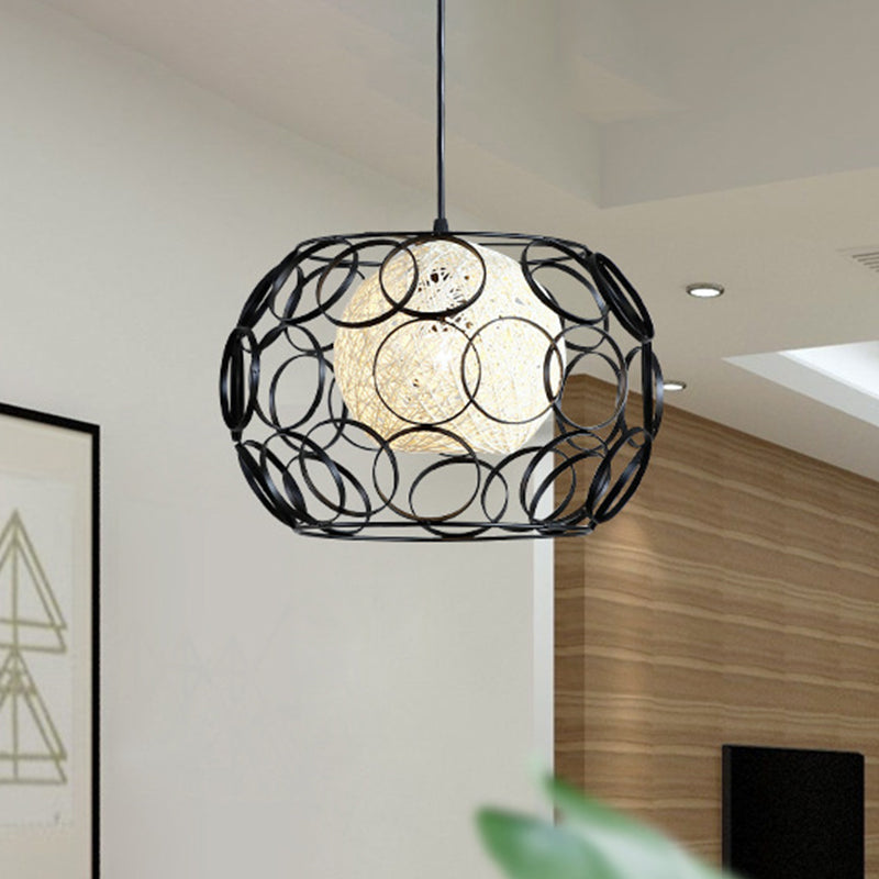 Modern Metal Hanging Pendant Light With Wire Guard And Weave Ball Shade White/Green 10/12.5 W