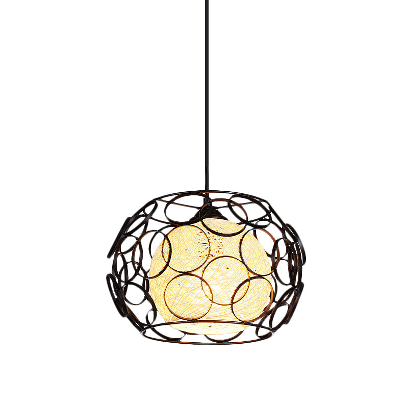 Modern Metal Hanging Pendant Light with Wire Guard and Weave Ball Shade – White/Green, 10"/12.5" W
