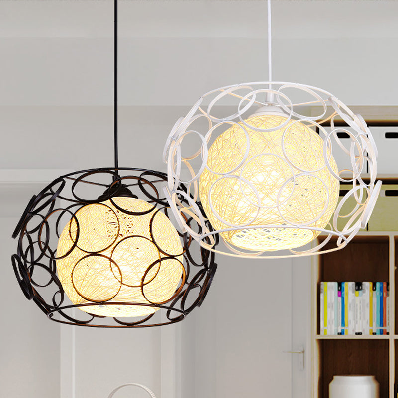Modern Metal Hanging Pendant Light with Wire Guard and Weave Ball Shade – White/Green, 10"/12.5" W