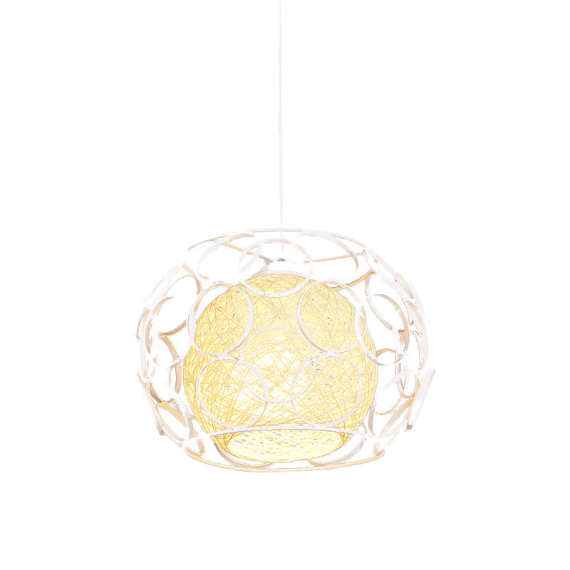 Modern Metal Hanging Pendant Light With Wire Guard And Weave Ball Shade White/Green 10/12.5 W