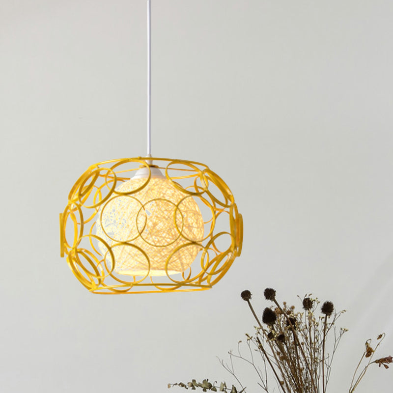 Modern Metal Hanging Pendant Light With Wire Guard And Weave Ball Shade White/Green 10/12.5 W Yellow