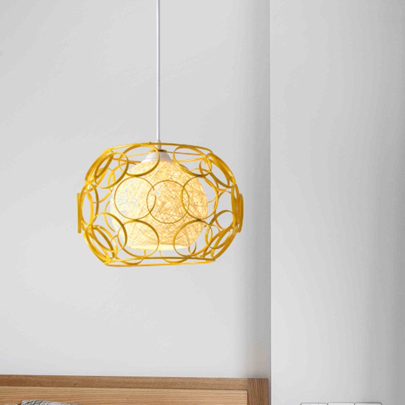 Modern Metal Hanging Pendant Light with Wire Guard and Weave Ball Shade – White/Green, 10"/12.5" W