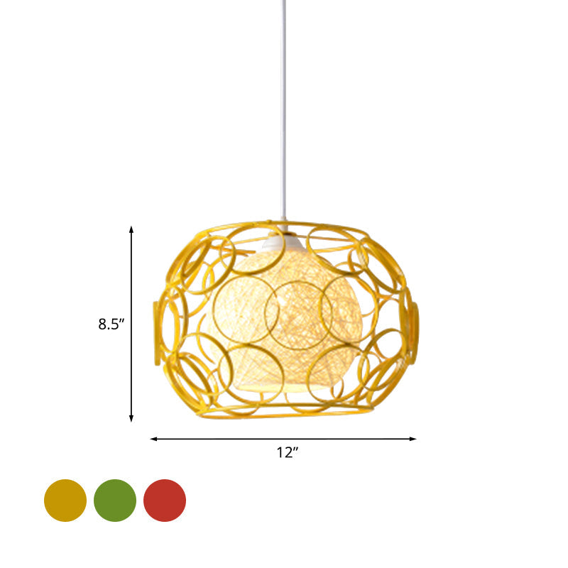 Modern Metal Hanging Pendant Light with Wire Guard and Weave Ball Shade – White/Green, 10"/12.5" W